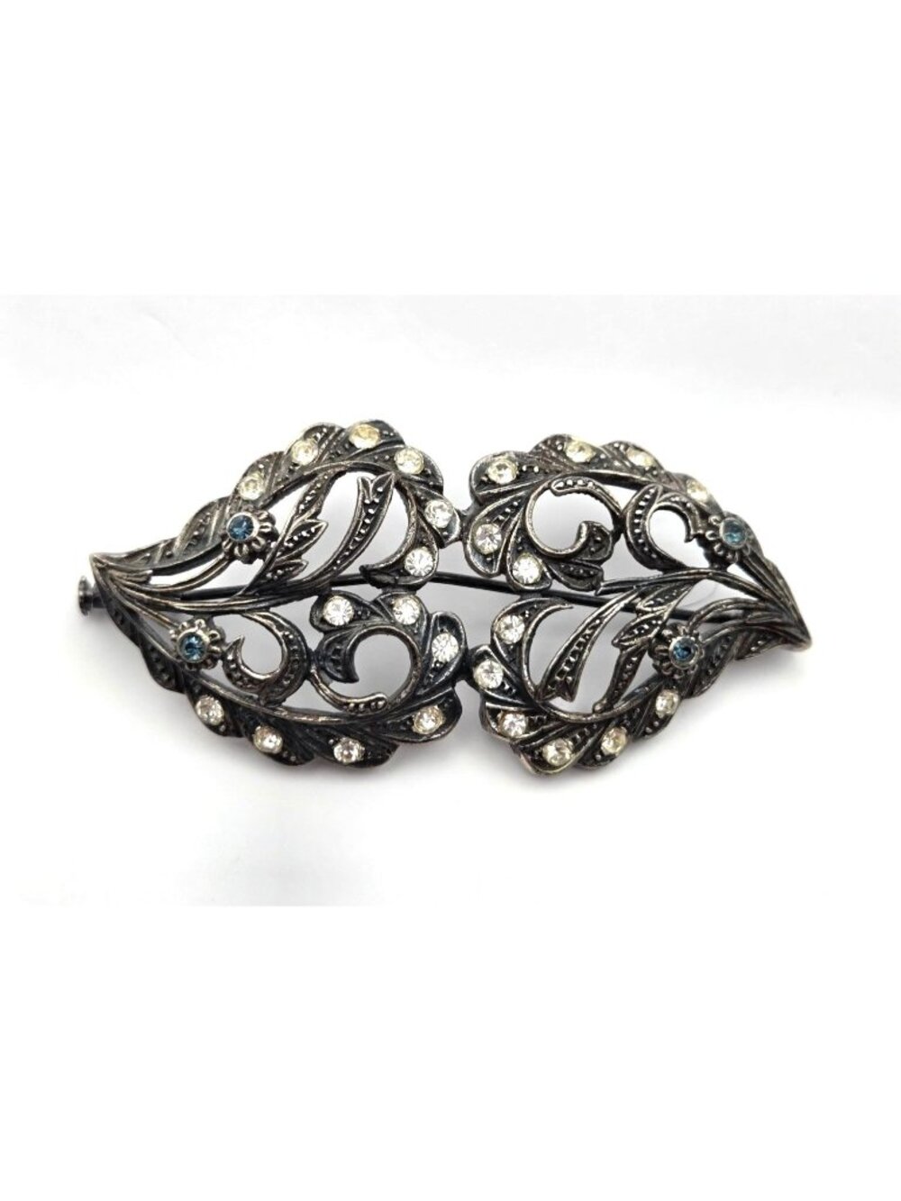 Antique Silver-Tone Rhinestone Filigree Leaf-Shaped Brooch With Blue & Clear Acc